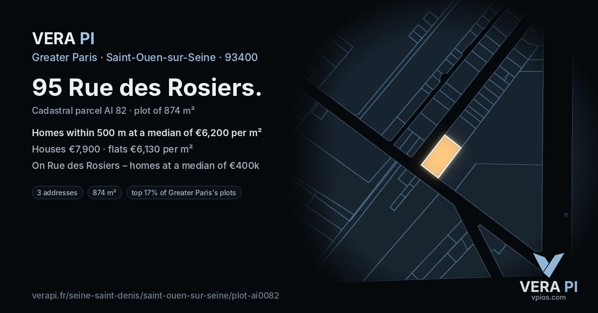 95 Rue des Rosiers, Saint-Ouen-sur-Seine at night – the plot lit, the parcels around coloured by the prices near them