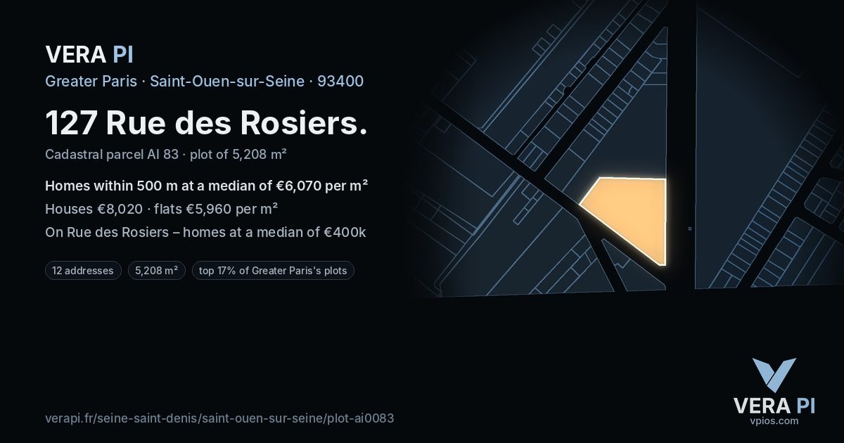 127 Rue des Rosiers, Saint-Ouen-sur-Seine at night – the plot lit, the parcels around coloured by the prices near them