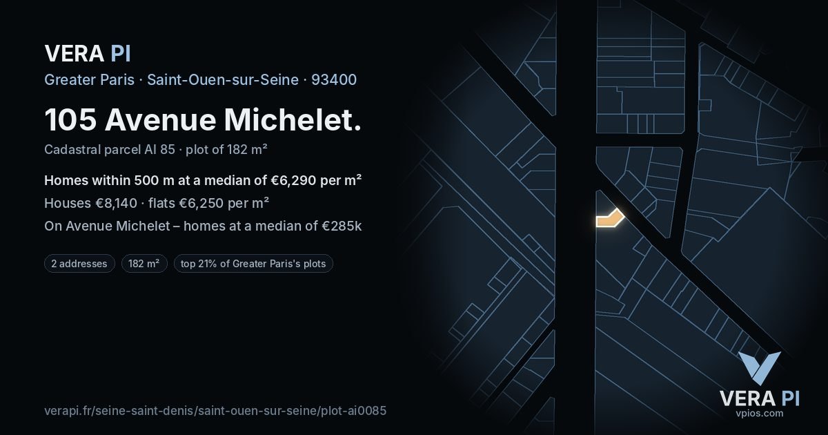 105 Avenue Michelet, Saint-Ouen-sur-Seine at night – the plot lit, the parcels around coloured by the prices near them