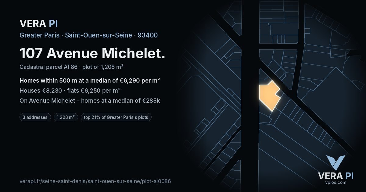 107 Avenue Michelet, Saint-Ouen-sur-Seine at night – the plot lit, the parcels around coloured by the prices near them
