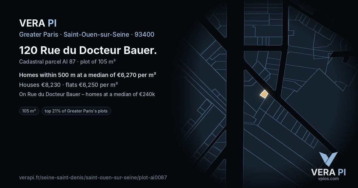120 Rue du Docteur Bauer, Saint-Ouen-sur-Seine at night – the plot lit, the parcels around coloured by the prices near them