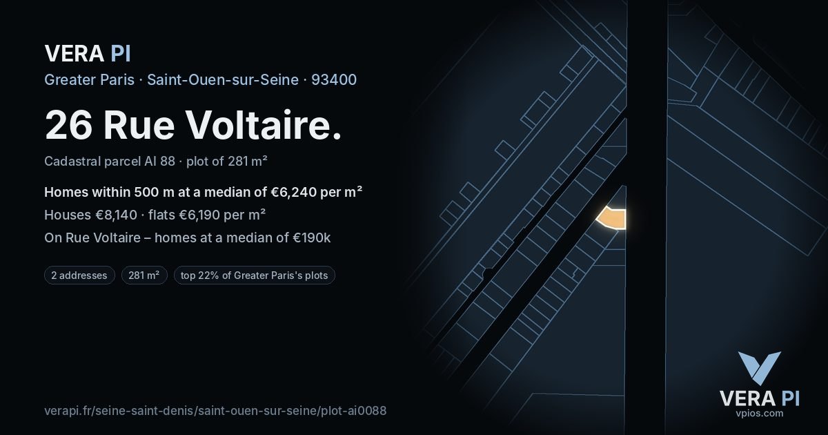 26 Rue Voltaire, Saint-Ouen-sur-Seine at night – the plot lit, the parcels around coloured by the prices near them