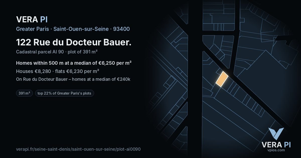 122 Rue du Docteur Bauer, Saint-Ouen-sur-Seine at night – the plot lit, the parcels around coloured by the prices near them