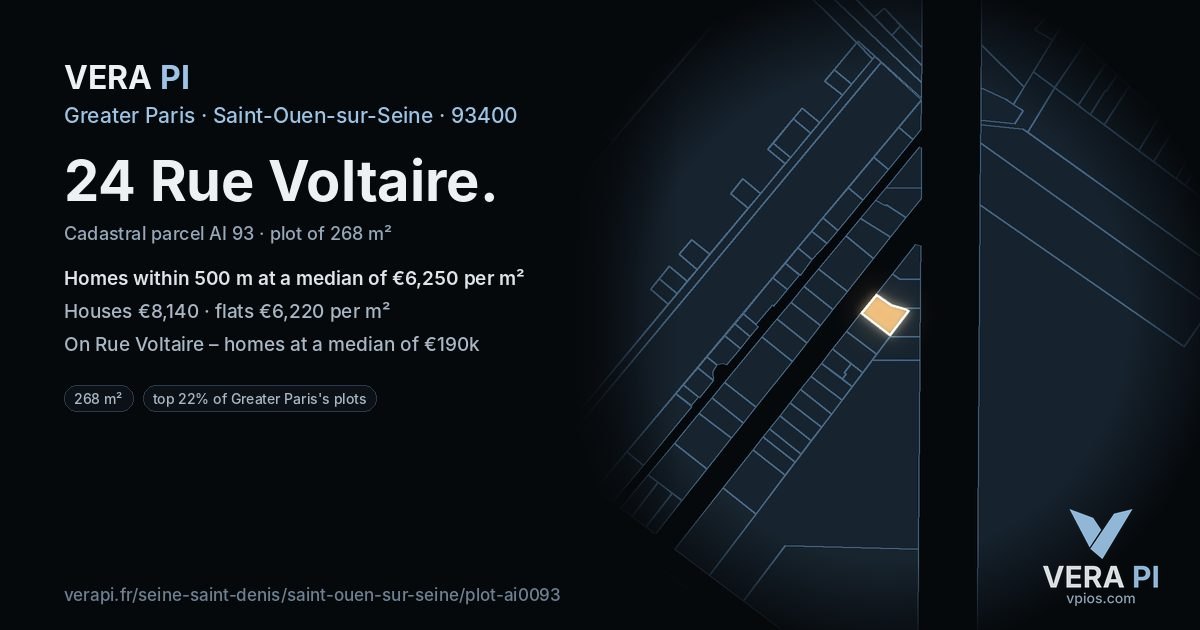 24 Rue Voltaire, Saint-Ouen-sur-Seine at night – the plot lit, the parcels around coloured by the prices near them