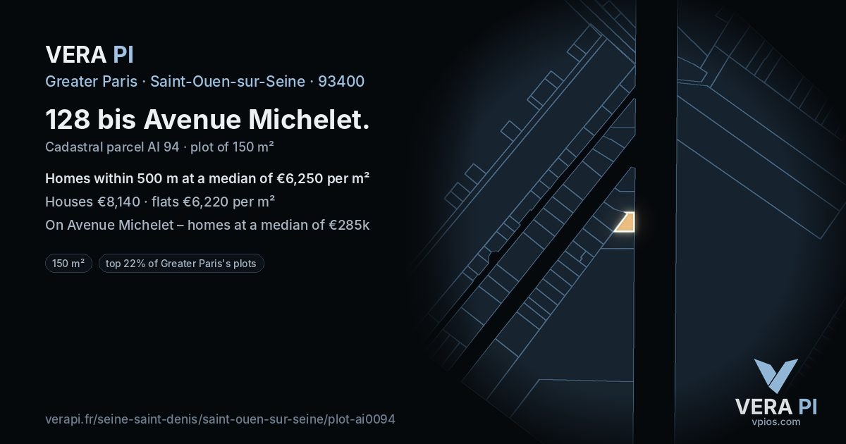 128 bis Avenue Michelet, Saint-Ouen-sur-Seine at night – the plot lit, the parcels around coloured by the prices near them