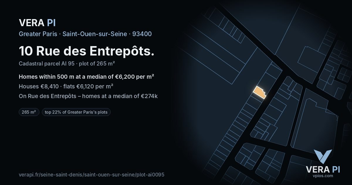 10 Rue des Entrepôts, Saint-Ouen-sur-Seine at night – the plot lit, the parcels around coloured by the prices near them