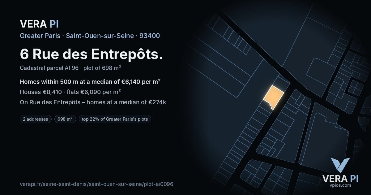 6 Rue des Entrepôts, Saint-Ouen-sur-Seine at night – the plot lit, the parcels around coloured by the prices near them