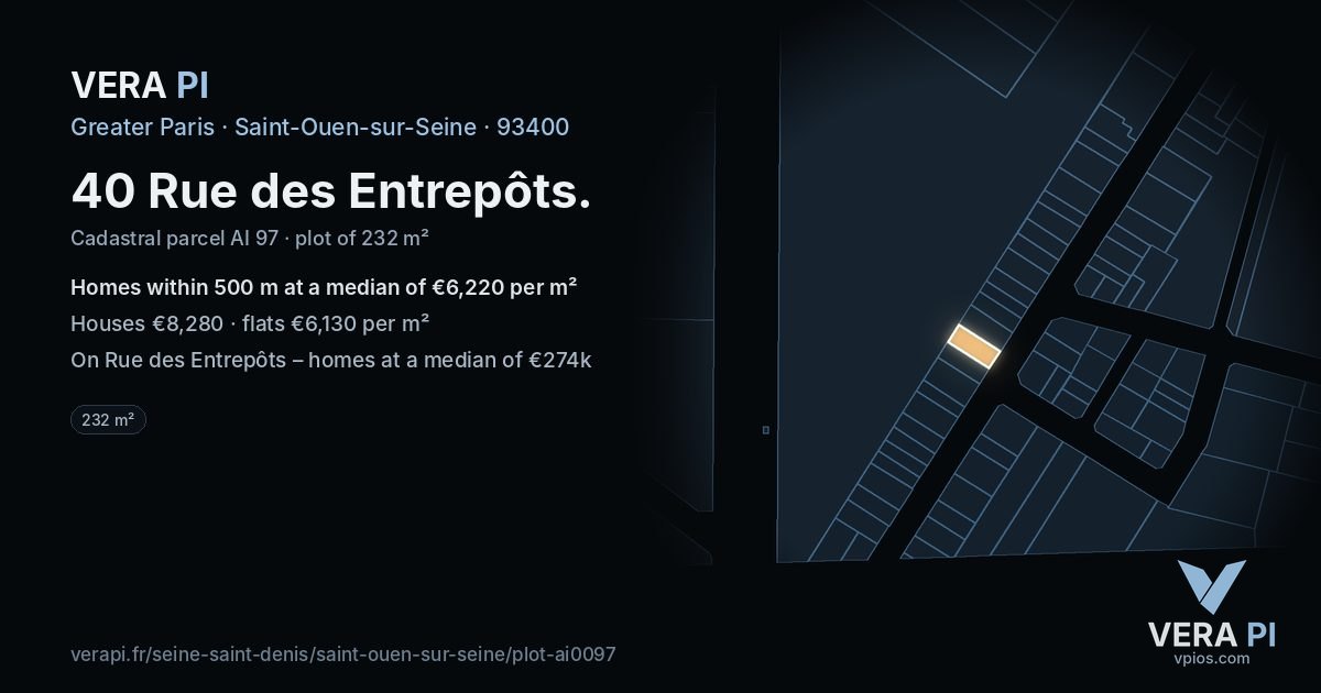 40 Rue des Entrepôts, Saint-Ouen-sur-Seine at night – the plot lit, the parcels around coloured by the prices near them