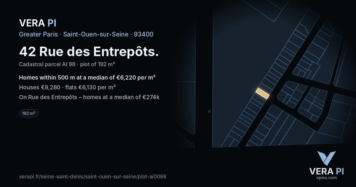 42 Rue des Entrepôts, Saint-Ouen-sur-Seine at night – the plot lit, the parcels around coloured by the prices near them