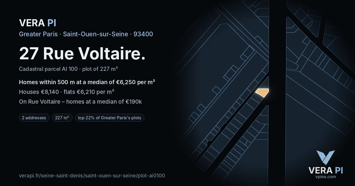 27 Rue Voltaire, Saint-Ouen-sur-Seine at night – the plot lit, the parcels around coloured by the prices near them