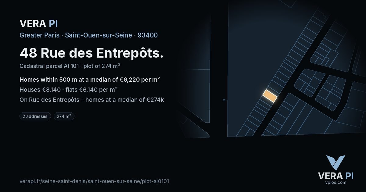 48 Rue des Entrepôts, Saint-Ouen-sur-Seine at night – the plot lit, the parcels around coloured by the prices near them