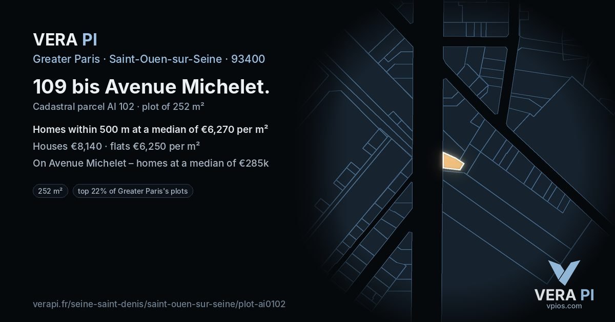 109 bis Avenue Michelet, Saint-Ouen-sur-Seine at night – the plot lit, the parcels around coloured by the prices near them