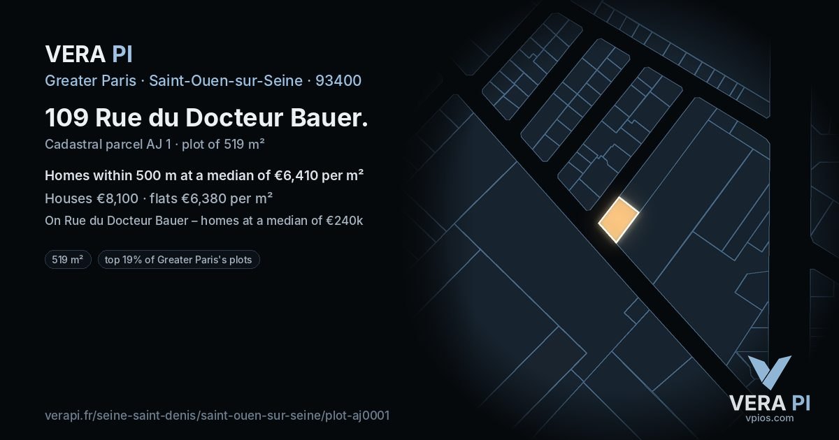 109 Rue du Docteur Bauer, Saint-Ouen-sur-Seine at night – the plot lit, the parcels around coloured by the prices near them