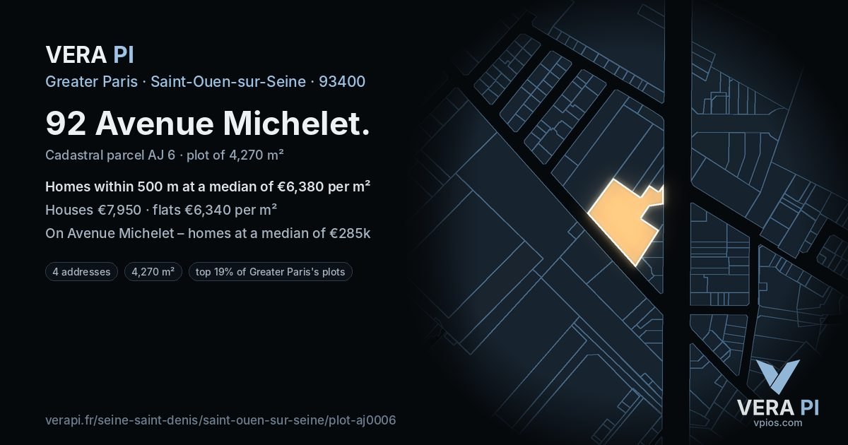 92 Avenue Michelet, Saint-Ouen-sur-Seine at night – the plot lit, the parcels around coloured by the prices near them