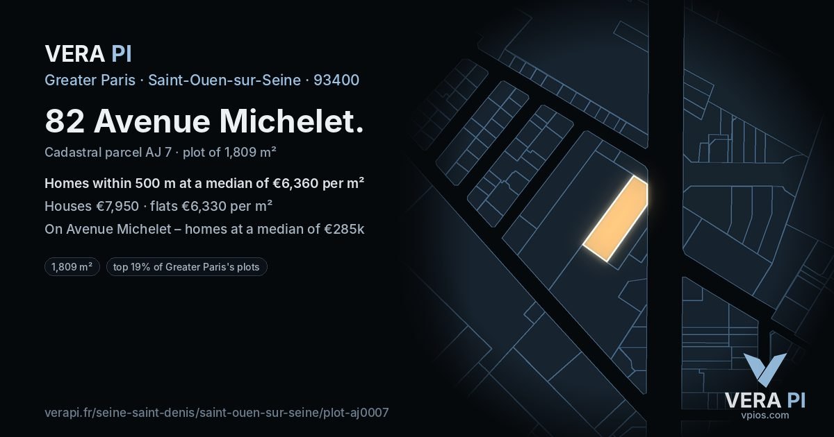 82 Avenue Michelet, Saint-Ouen-sur-Seine at night – the plot lit, the parcels around coloured by the prices near them