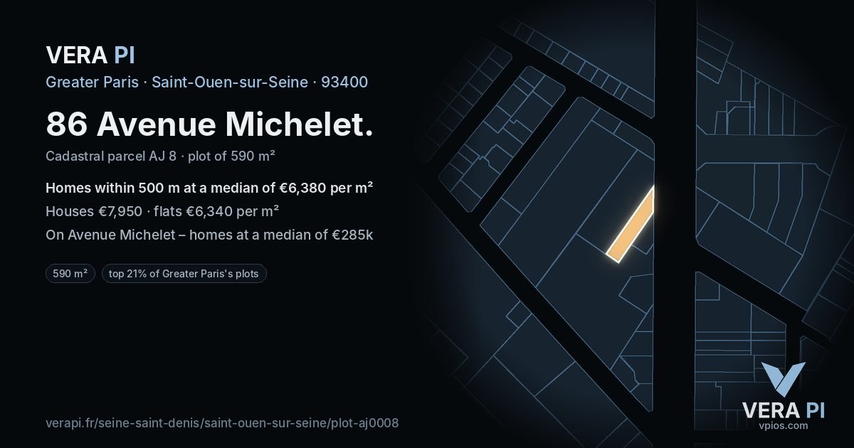 86 Avenue Michelet, Saint-Ouen-sur-Seine at night – the plot lit, the parcels around coloured by the prices near them