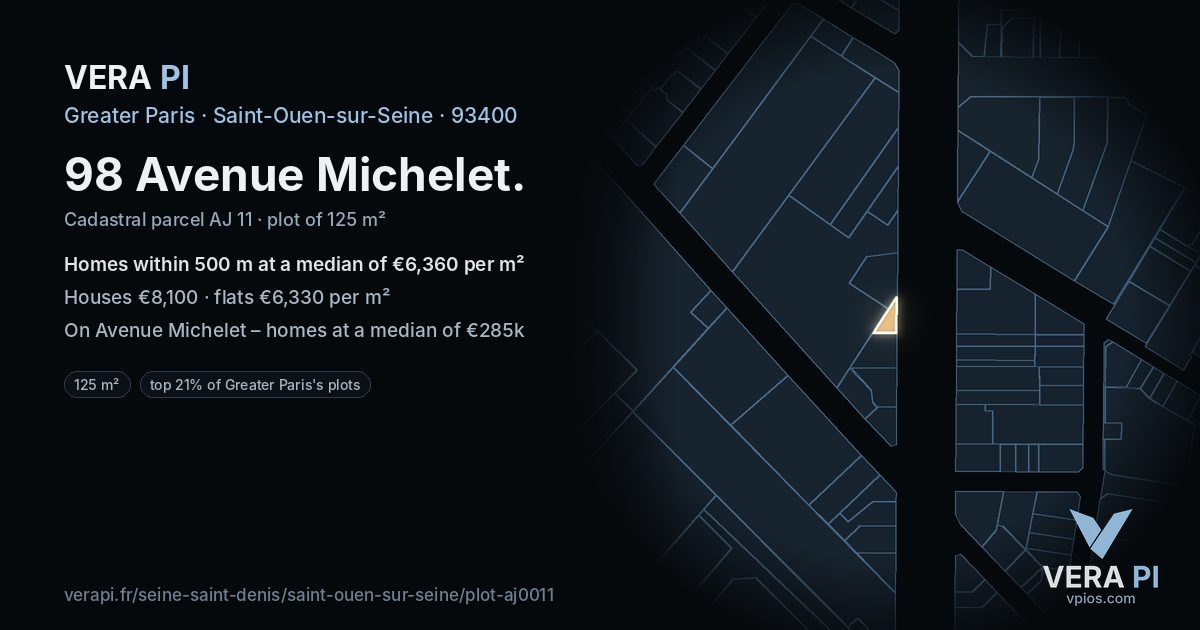 98 Avenue Michelet, Saint-Ouen-sur-Seine at night – the plot lit, the parcels around coloured by the prices near them