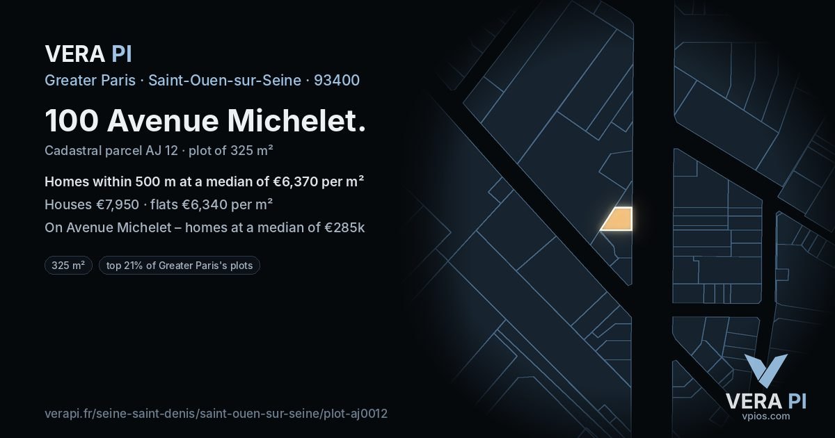 100 Avenue Michelet, Saint-Ouen-sur-Seine at night – the plot lit, the parcels around coloured by the prices near them