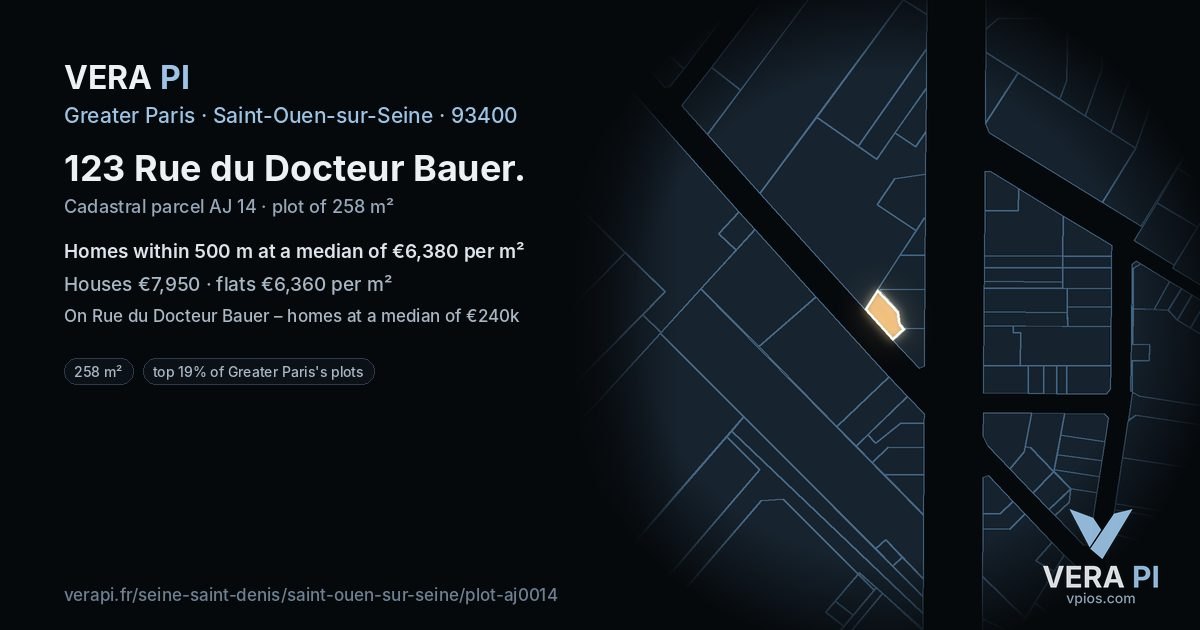 123 Rue du Docteur Bauer, Saint-Ouen-sur-Seine at night – the plot lit, the parcels around coloured by the prices near them
