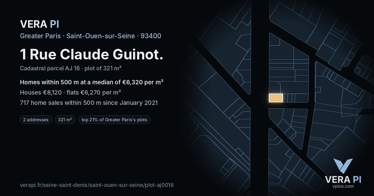 1 Rue Claude Guinot, Saint-Ouen-sur-Seine at night – the plot lit, the parcels around coloured by the prices near them