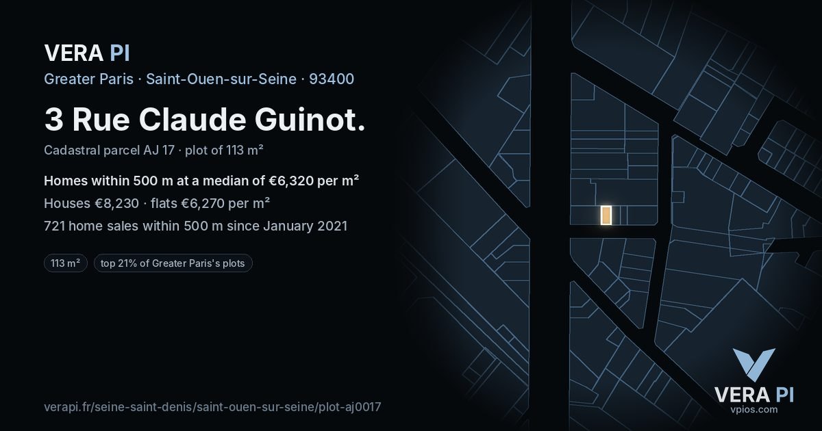 3 Rue Claude Guinot, Saint-Ouen-sur-Seine at night – the plot lit, the parcels around coloured by the prices near them