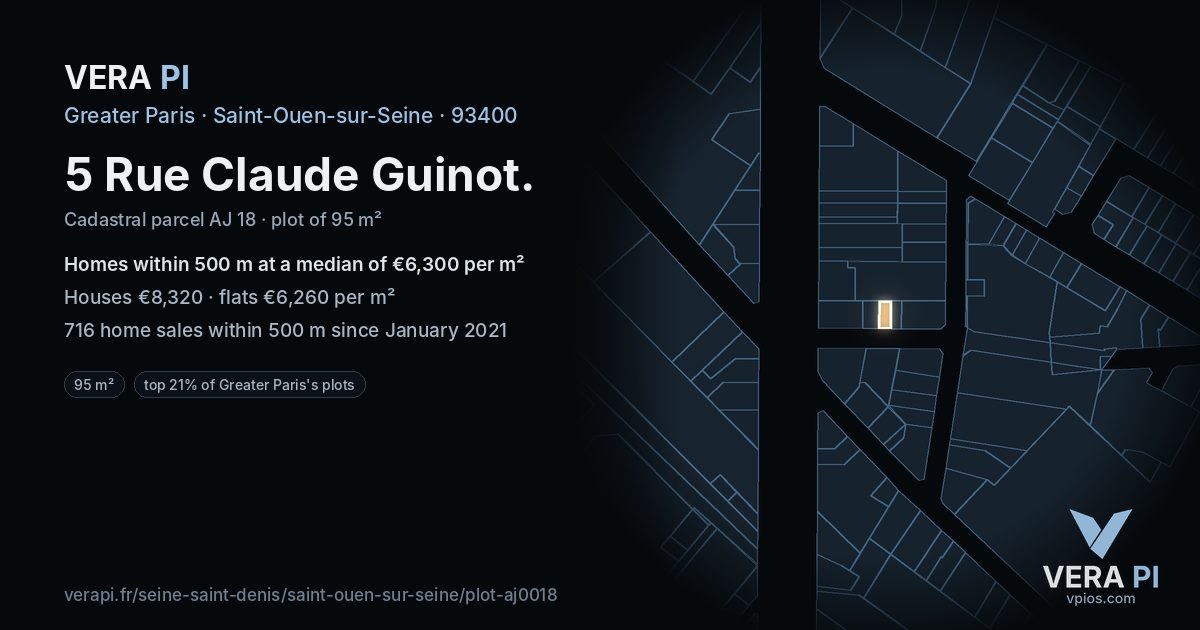 5 Rue Claude Guinot, Saint-Ouen-sur-Seine at night – the plot lit, the parcels around coloured by the prices near them