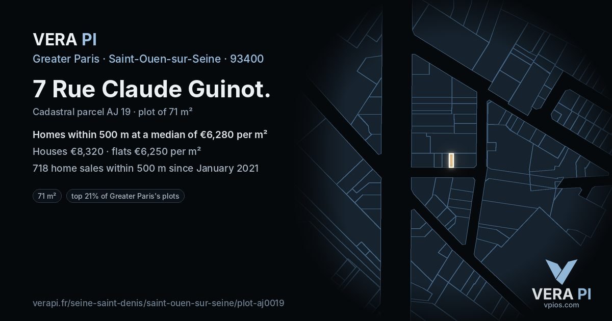 7 Rue Claude Guinot, Saint-Ouen-sur-Seine at night – the plot lit, the parcels around coloured by the prices near them