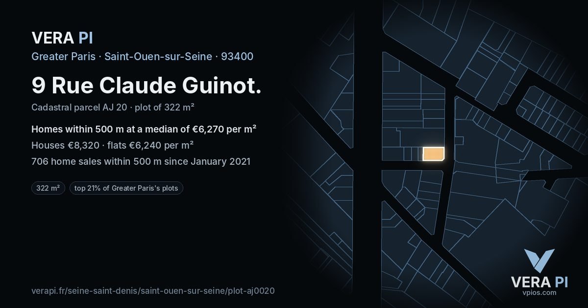 9 Rue Claude Guinot, Saint-Ouen-sur-Seine at night – the plot lit, the parcels around coloured by the prices near them