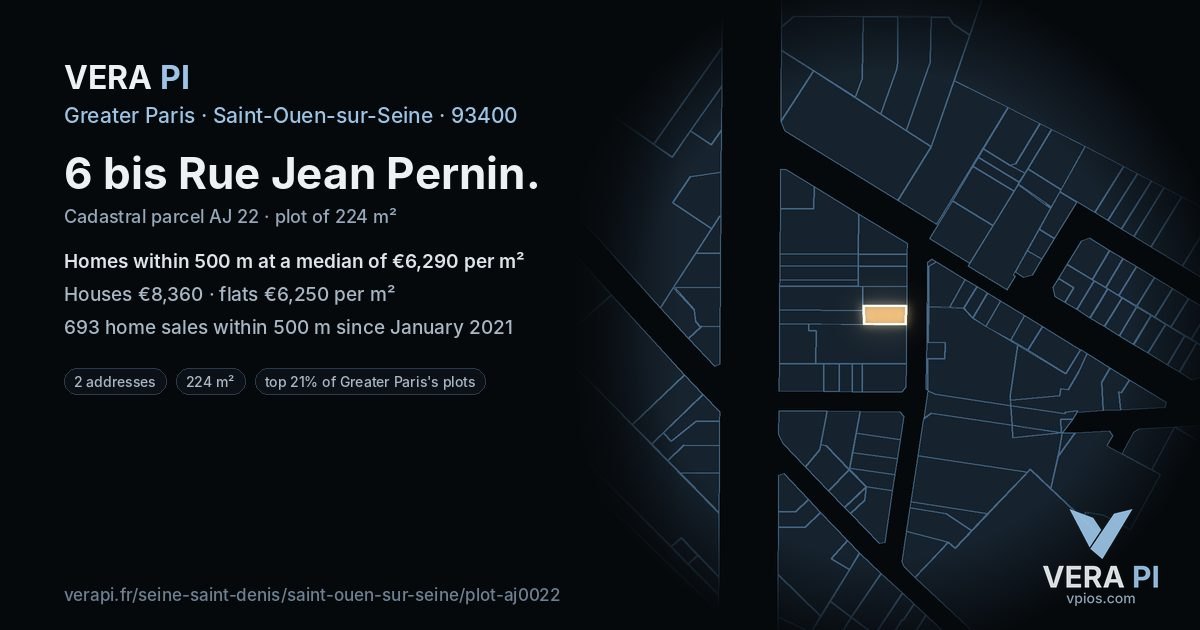 6 bis Rue Jean Pernin, Saint-Ouen-sur-Seine at night – the plot lit, the parcels around coloured by the prices near them