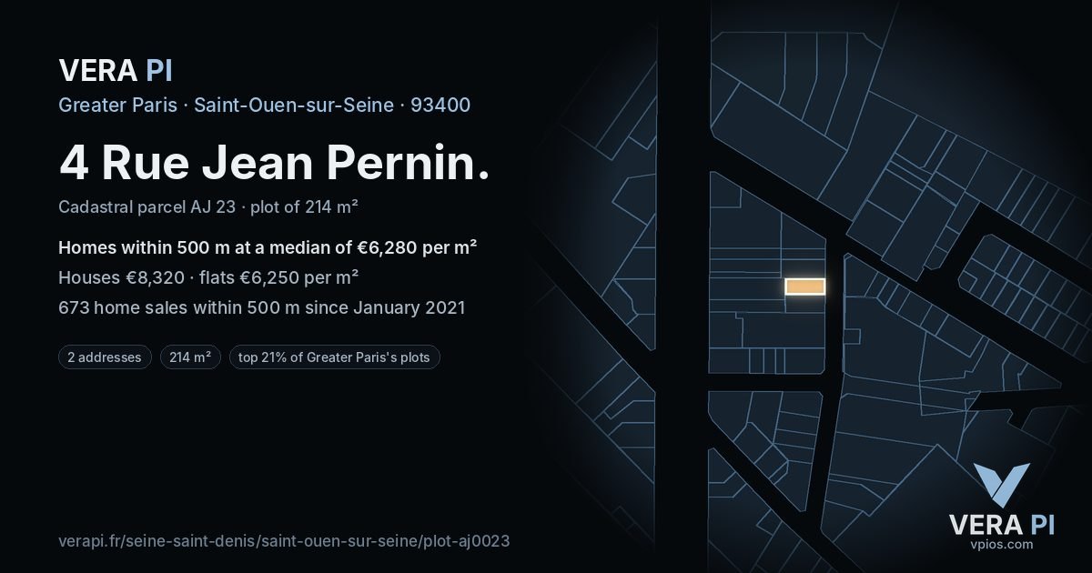 4 Rue Jean Pernin, Saint-Ouen-sur-Seine at night – the plot lit, the parcels around coloured by the prices near them