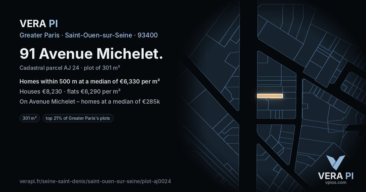 91 Avenue Michelet, Saint-Ouen-sur-Seine at night – the plot lit, the parcels around coloured by the prices near them