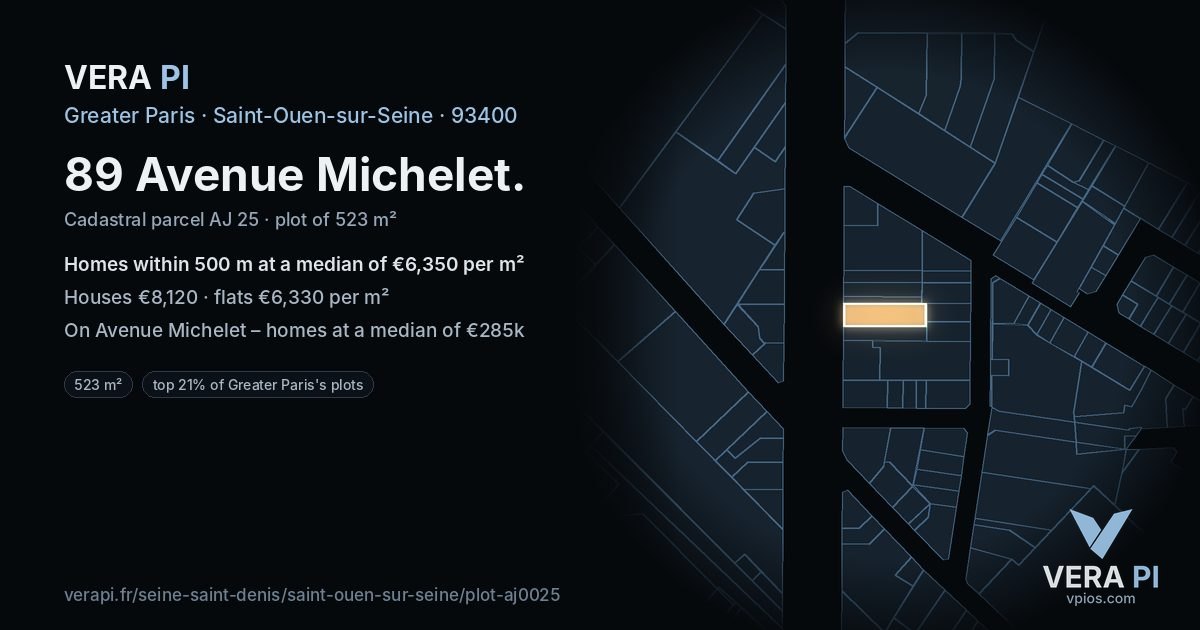 89 Avenue Michelet, Saint-Ouen-sur-Seine at night – the plot lit, the parcels around coloured by the prices near them
