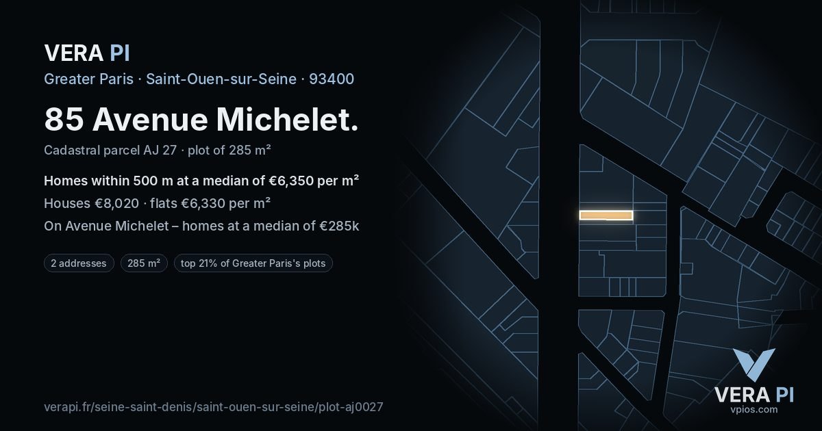 85 Avenue Michelet, Saint-Ouen-sur-Seine at night – the plot lit, the parcels around coloured by the prices near them