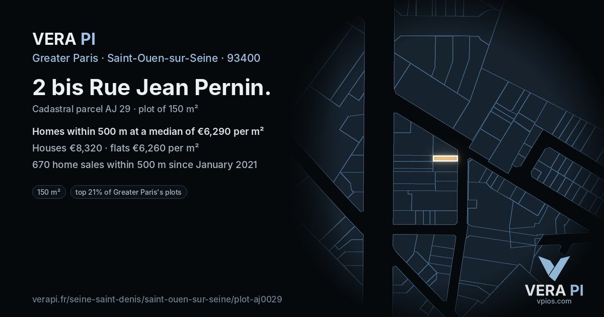 2 bis Rue Jean Pernin, Saint-Ouen-sur-Seine at night – the plot lit, the parcels around coloured by the prices near them