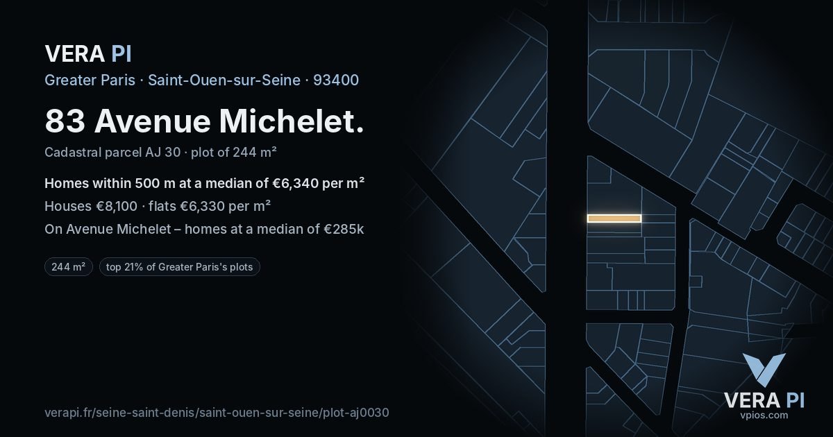83 Avenue Michelet, Saint-Ouen-sur-Seine at night – the plot lit, the parcels around coloured by the prices near them