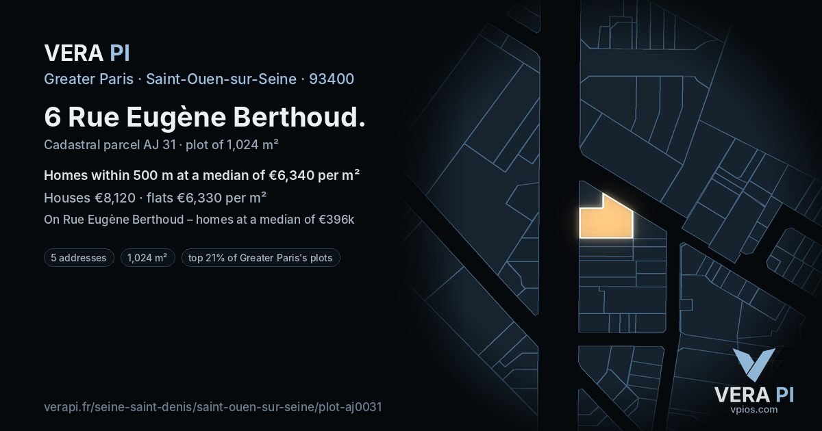 6 Rue Eugène Berthoud, Saint-Ouen-sur-Seine at night – the plot lit, the parcels around coloured by the prices near them