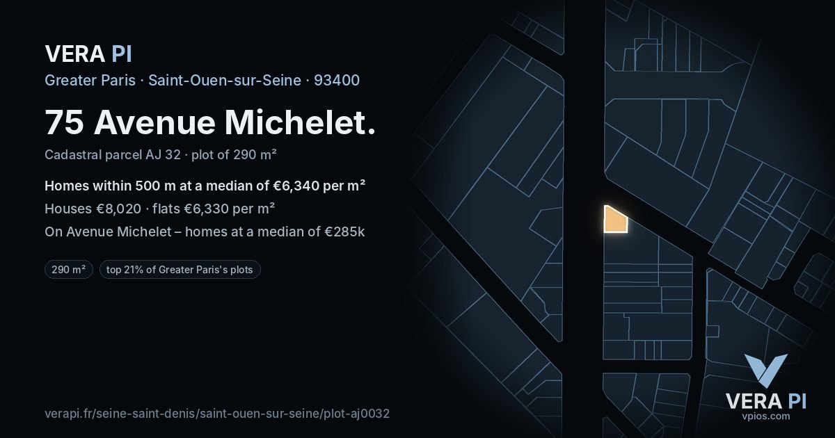 75 Avenue Michelet, Saint-Ouen-sur-Seine at night – the plot lit, the parcels around coloured by the prices near them
