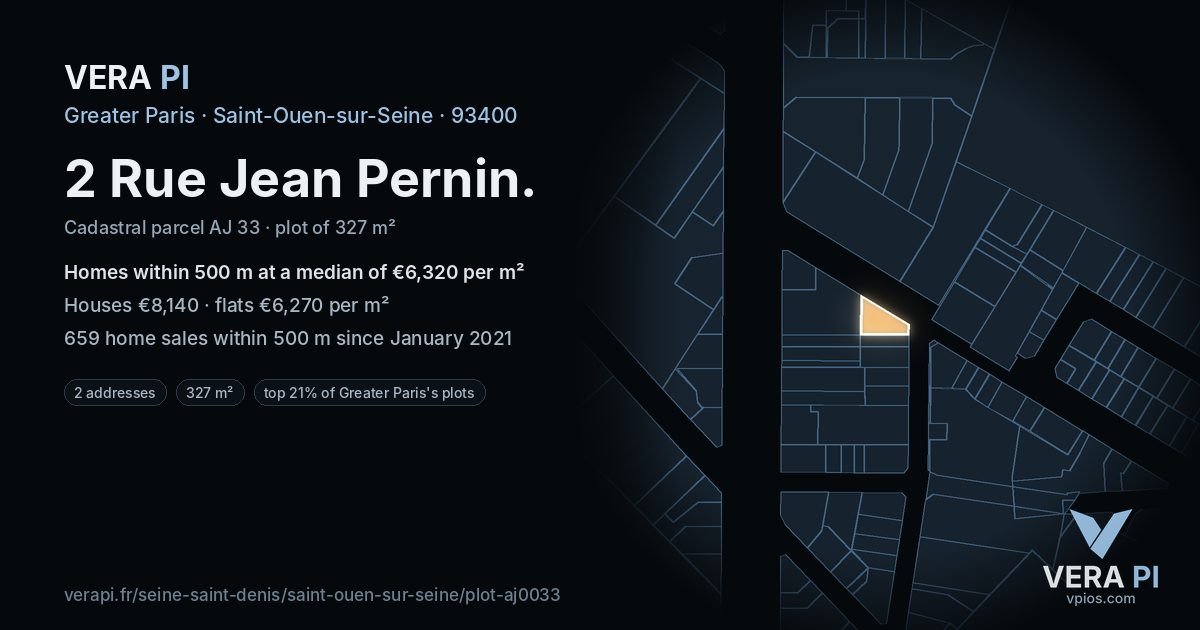 2 Rue Jean Pernin, Saint-Ouen-sur-Seine at night – the plot lit, the parcels around coloured by the prices near them