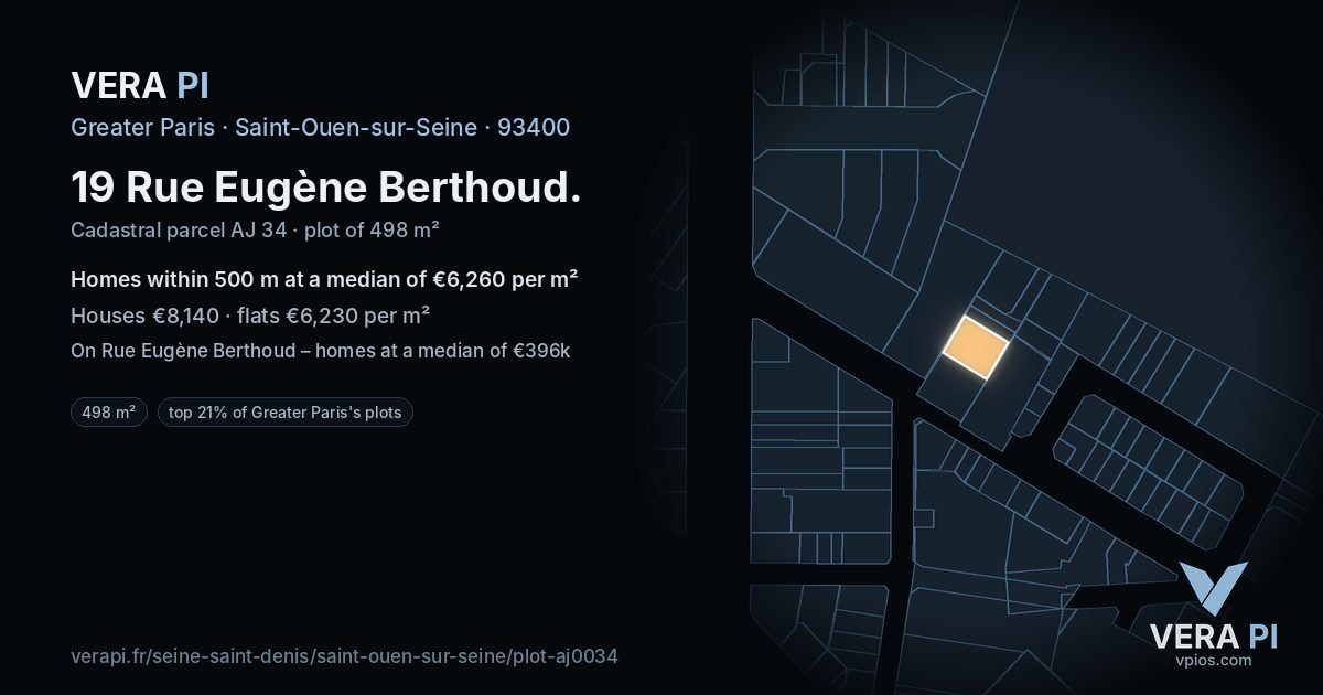 19 Rue Eugène Berthoud, Saint-Ouen-sur-Seine at night – the plot lit, the parcels around coloured by the prices near them