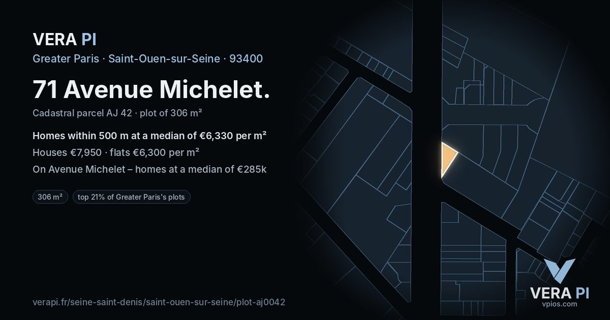 71 Avenue Michelet, Saint-Ouen-sur-Seine at night – the plot lit, the parcels around coloured by the prices near them