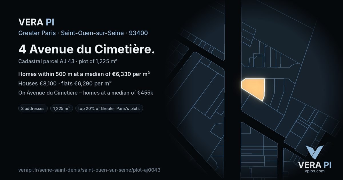 4 Avenue du Cimetière, Saint-Ouen-sur-Seine at night – the plot lit, the parcels around coloured by the prices near them