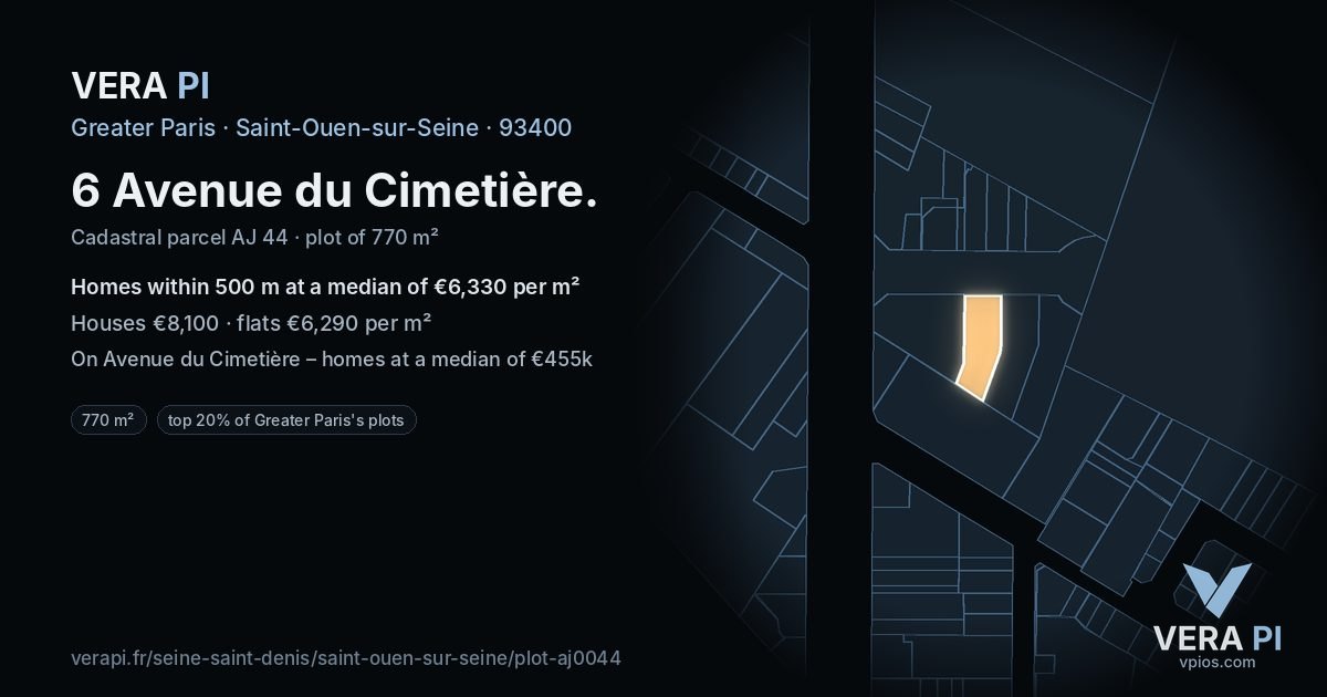 6 Avenue du Cimetière, Saint-Ouen-sur-Seine at night – the plot lit, the parcels around coloured by the prices near them