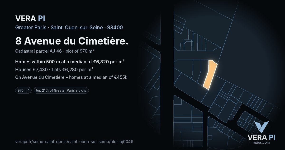 8 Avenue du Cimetière, Saint-Ouen-sur-Seine at night – the plot lit, the parcels around coloured by the prices near them