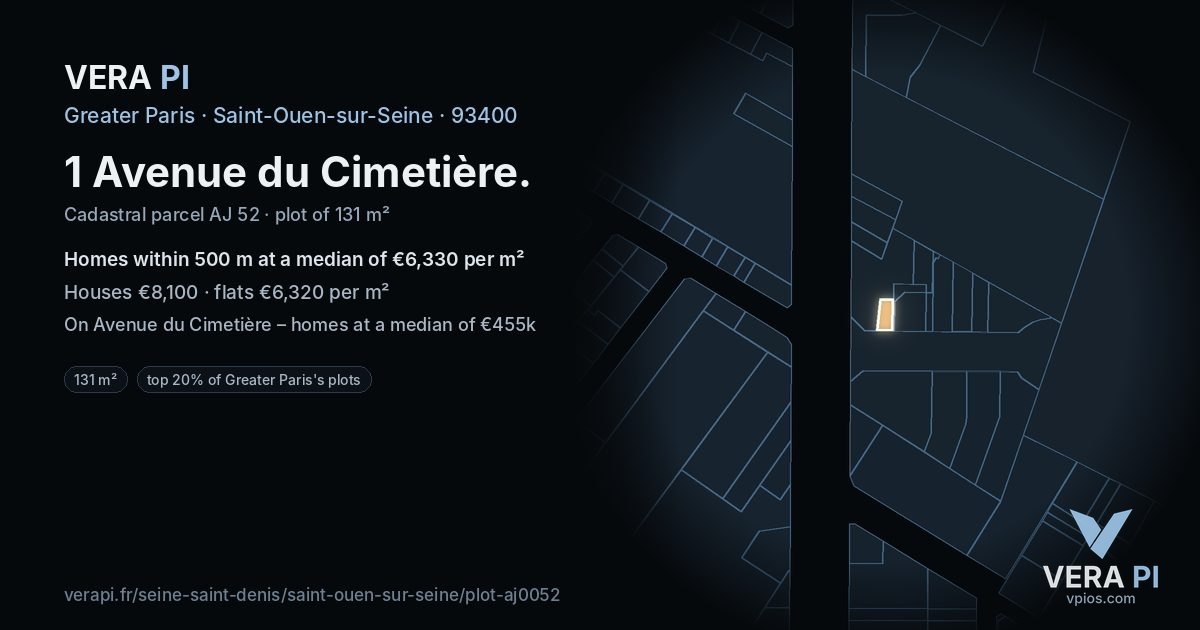 1 Avenue du Cimetière, Saint-Ouen-sur-Seine at night – the plot lit, the parcels around coloured by the prices near them
