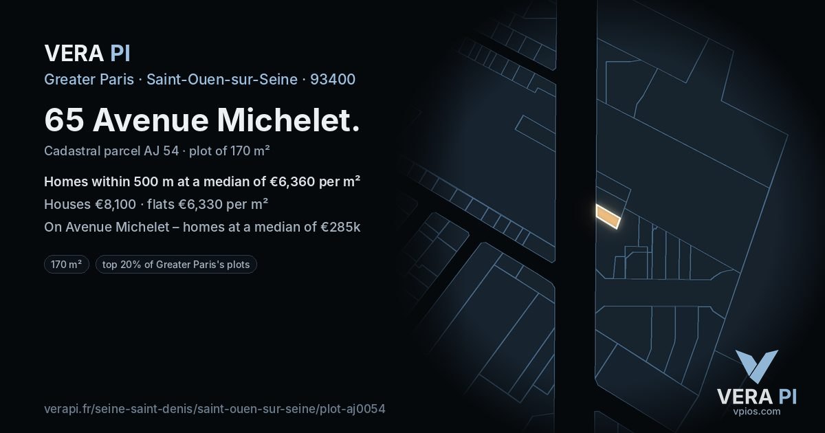 65 Avenue Michelet, Saint-Ouen-sur-Seine at night – the plot lit, the parcels around coloured by the prices near them