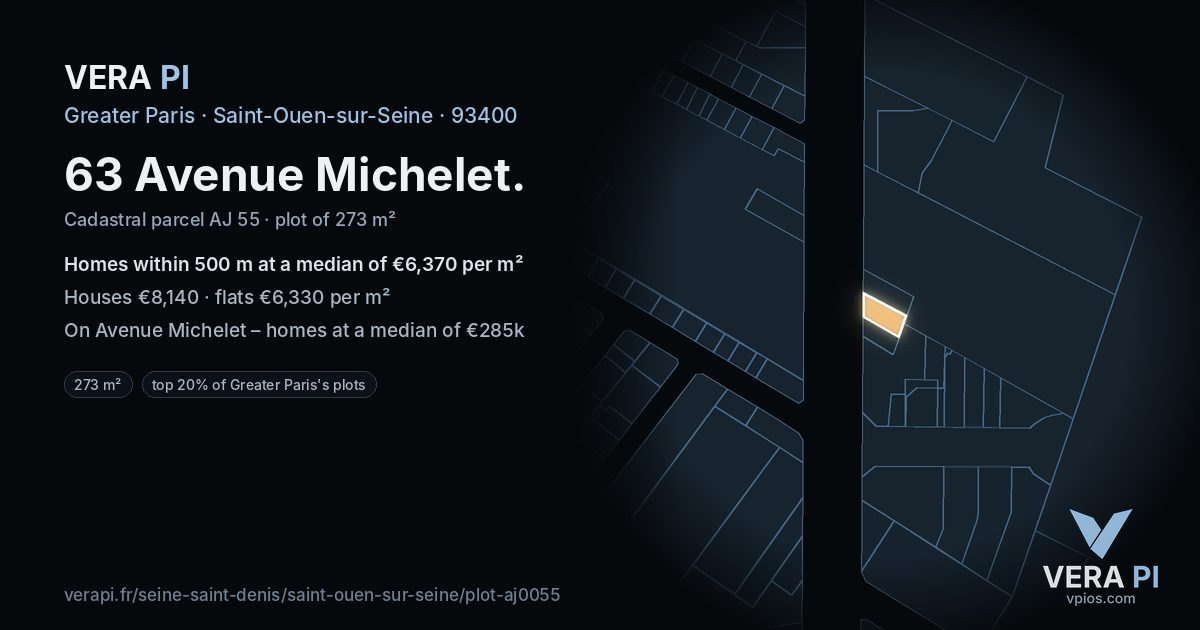 63 Avenue Michelet, Saint-Ouen-sur-Seine at night – the plot lit, the parcels around coloured by the prices near them