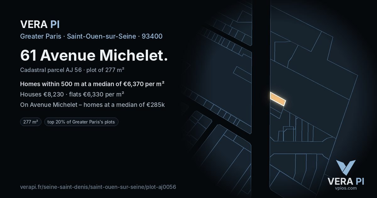 61 Avenue Michelet, Saint-Ouen-sur-Seine at night – the plot lit, the parcels around coloured by the prices near them