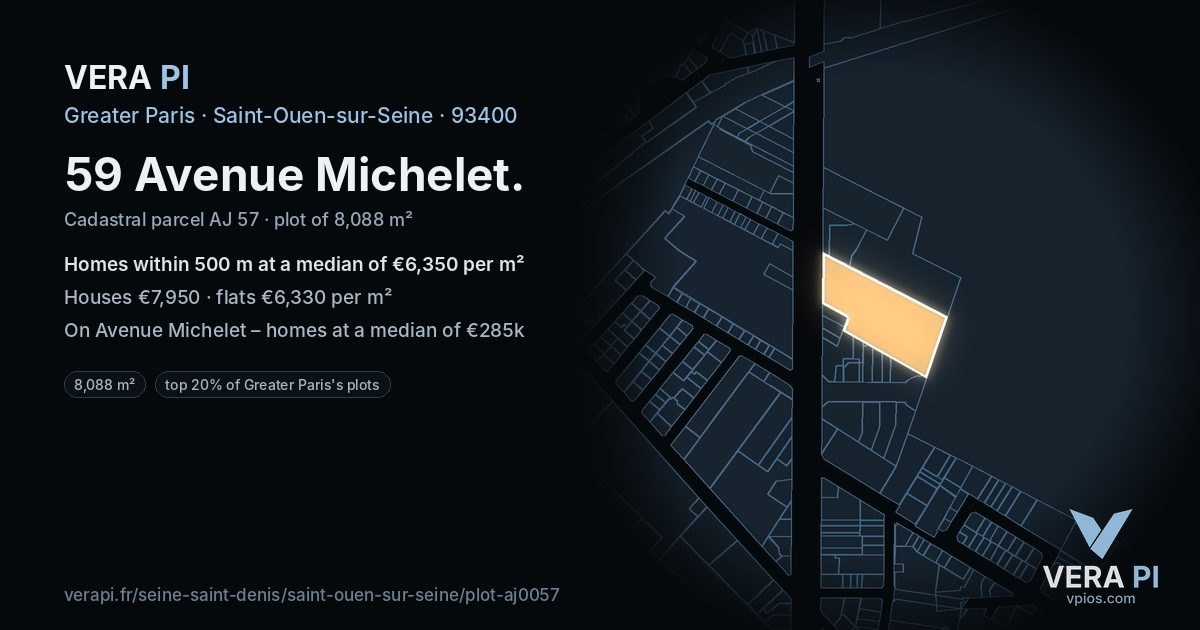 59 Avenue Michelet, Saint-Ouen-sur-Seine at night – the plot lit, the parcels around coloured by the prices near them