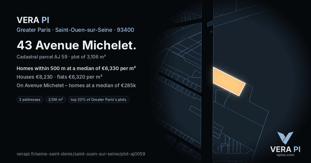 43 Avenue Michelet, Saint-Ouen-sur-Seine at night – the plot lit, the parcels around coloured by the prices near them