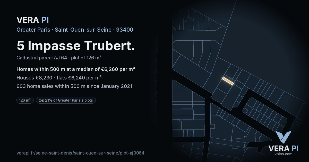 5 Impasse Trubert, Saint-Ouen-sur-Seine at night – the plot lit, the parcels around coloured by the prices near them
